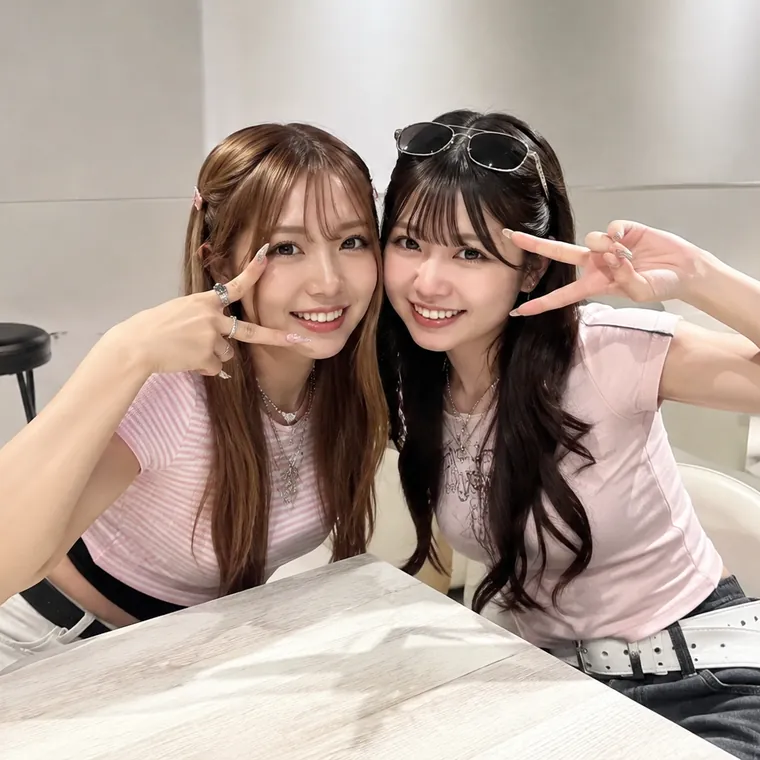 カメラに向かってピースサインをする2人